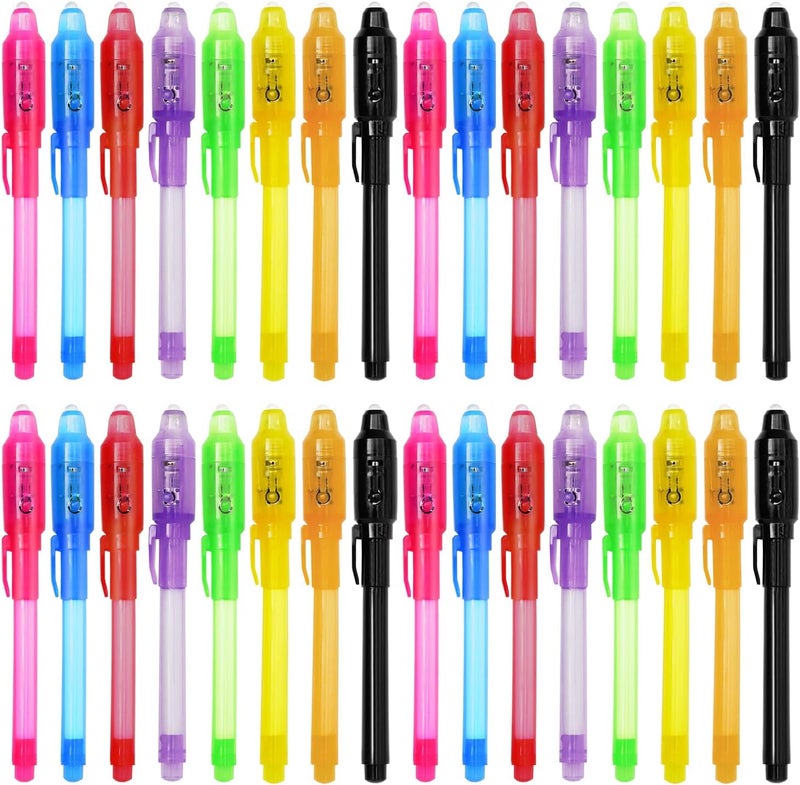 TIDALJAM 32 Pack Invisible Ink Pens with UV Light, 8 Colors Glow ， Secret Message Writing Detective Party Favors, Birthday Christmas Halloween Goodie Bag Stuffers Classroom Prizes School Supplies - Image 1
